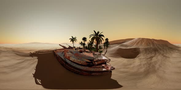 VR 360 Old Rusty Tank in the Desert at Sunset