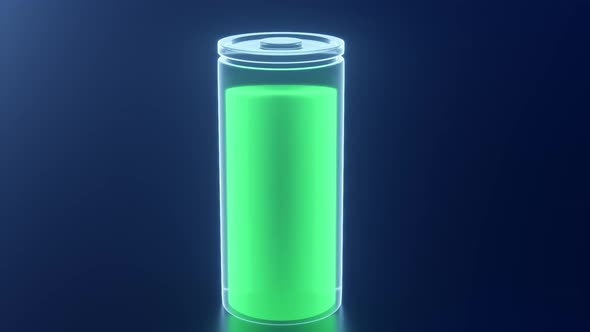 3D neon battery recharging power from empty to fully charged animation