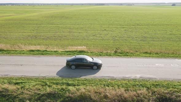 In a Green Field One Car is Driving on the Asphalt