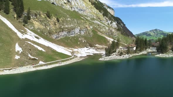 Hotel And Restaurant On The Seealpsee Lake In The Alps.