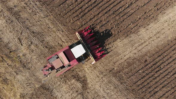 Aerial View Combine Harvesting on Sunflower Field. Mechanized Harvesting Sunflower. Large Field of