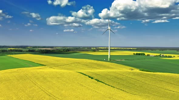 Stunning yellow rape fields and wind turbine in countryside.