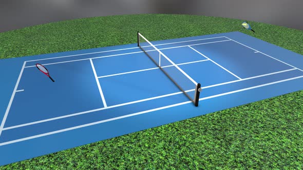 3D animation of tennis game. Animated rackets hit the ball across photorealistic tennis court.