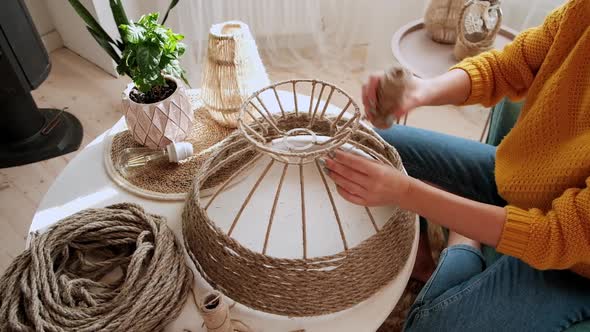 Woman Makes Handmade Diy Lamp From Jute Rope