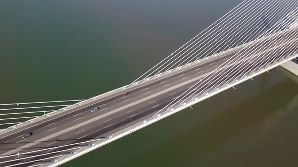 Flying over the longest bridge in Europe - Vasco da Gama in Lisbon, Portugal