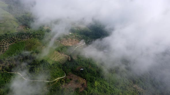 Aerial view foggy low cloud at highland