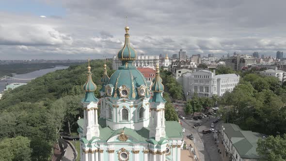 Kyiv. Ukraine. St. Andrew's Church. Aerial. Flat, Gray