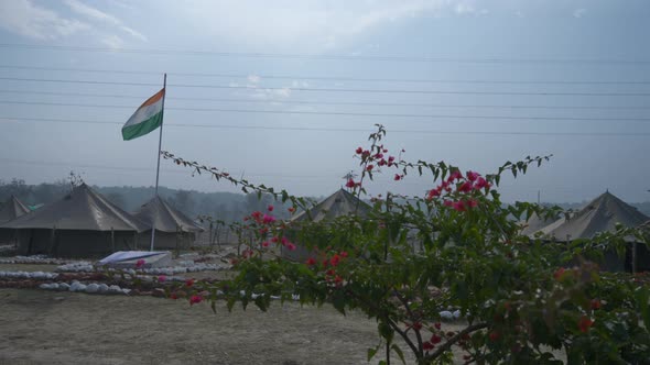 A Waving Indian Flag Tiranga Installed at a Camping Site in Himalayan Range of Uttarakhand India