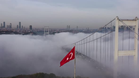 aerial video of Fatih Sultan Mehmet Bridge on a foggy day in Istanbul, Turkey. 2rd Bosphorus 02