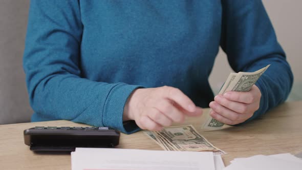 Caucasian Female Woman Hands Counting Paper American Dollar Money Calculator