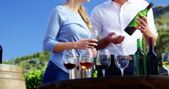 Couple interacting while examining wine in vineyard