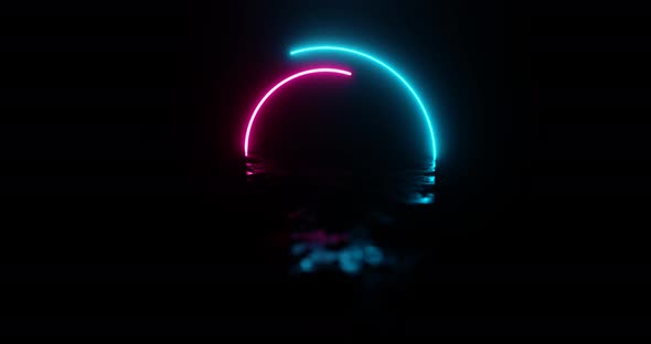 Motion of glowing neon rings on dark background