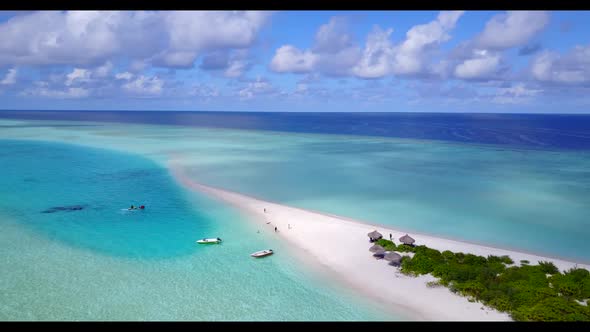 Aerial drone view tourism of luxury island beach adventure by turquoise ocean and white sandy backgr