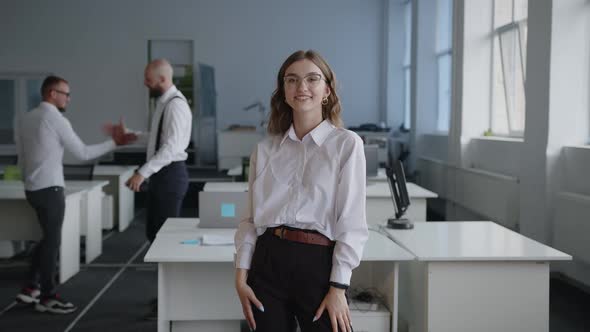 Happy Young Lady Crosses Her Hands Cheerful Smile