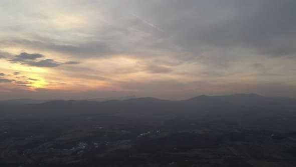 Beautiful colors of dawn above Eastern Serbian landscape 4K drone footage