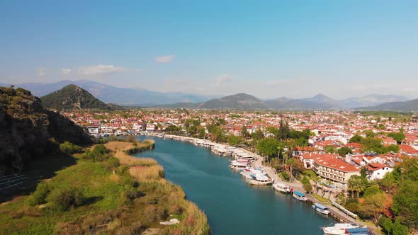 Panoramic Drone View of River Valley and Dalyan Resort Mugla Turkey