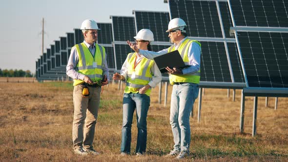 Safety Inspectors Are Having a Discussion Near Solar Panels