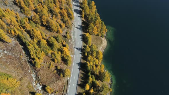 Aerial view of road along Lake Sils, Graubuenden, Switzerland