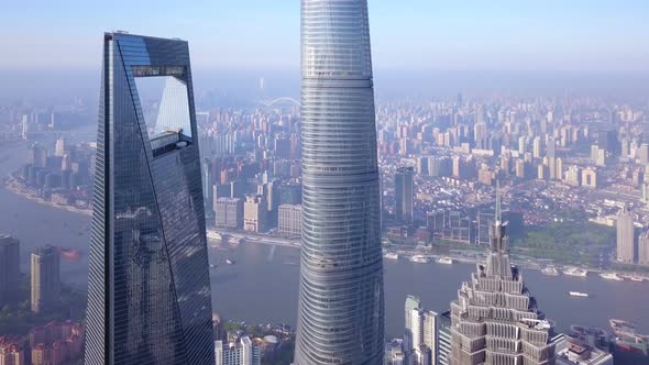 Aerial view of skyscraper and high-rise office buildings in Shanghai, China.