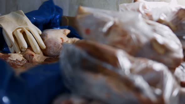 Closeup View of a Pair of Used Gloves Laying on a Box with Frozen Chicken Legs