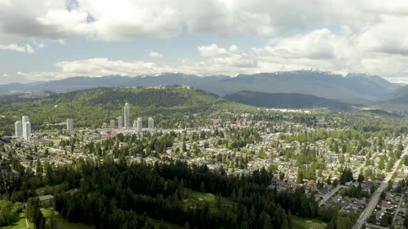 Aerial shot of Tri-Cities on background in Vancouver, British Columbia, Canada, Coquitlam