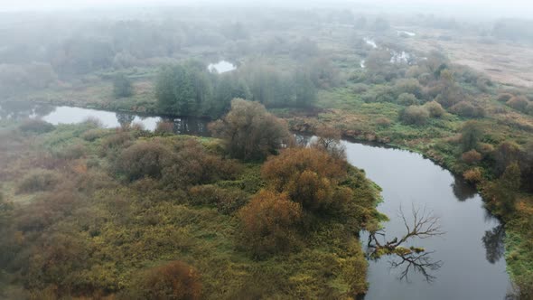 Drone Flies Through Low Rain Clouds Moving Over Winding River and Fall Colors Trees. Autumn Forest