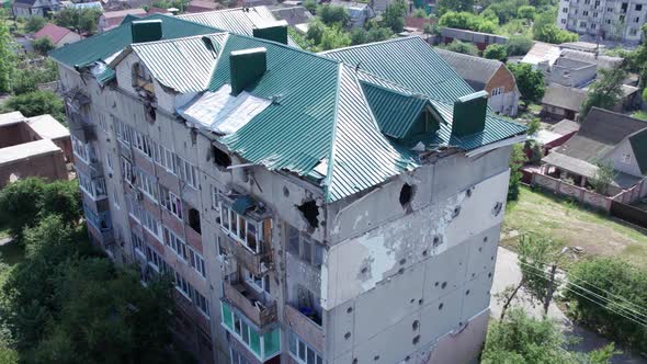 Aerial View of a Destroyed Building in the City of Makariv Ukraine