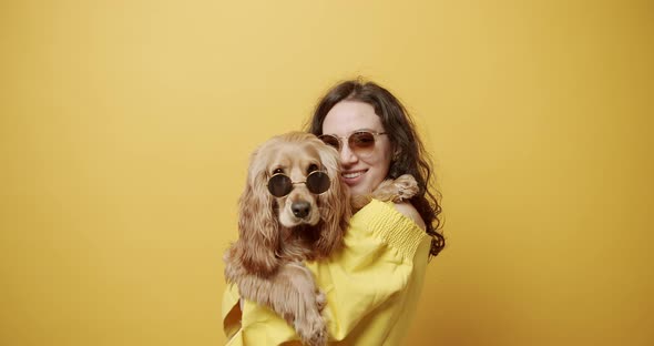 English Cocker Spaniel with a Hat and Sunglasses Posing with a Woman in Studio