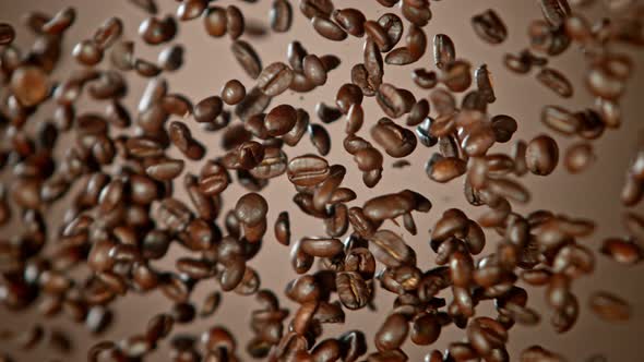 Super Slow Motion Shot of Crashing Coffee Beans on Brown Gradient Background at 1000Fps