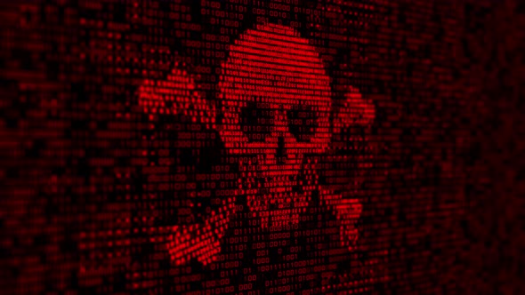 Computer server got attacked with malware by hacker, binary death skull symbol alert screen.