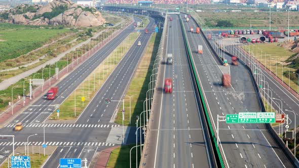 Traffic Near Yangshan Shanghai Container Port Terminal and Logistics Center Timelapse Zoom Out