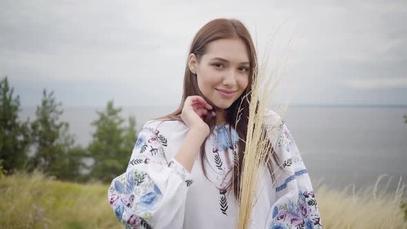 Portrait Charming Confident Carefree Caucasian Girl Wearing Long Summer Fashion Dress Enjoying