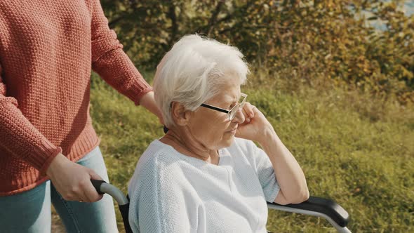 Elderly Grandmother in Wheelchair with Granddaughter in Autumn Nature. Walking Along the River