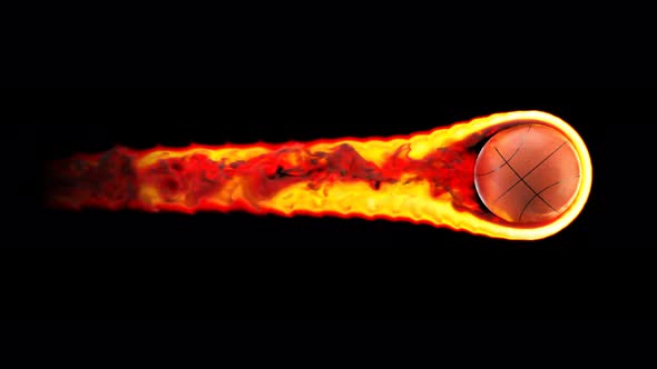 Flying basket ball on fire on a black background