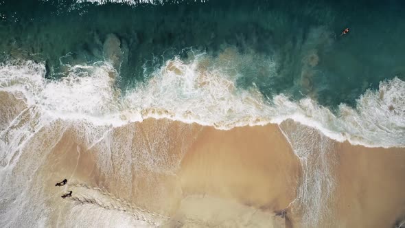 Aerial Top Drone View on Ocean Wave and Sand Beach