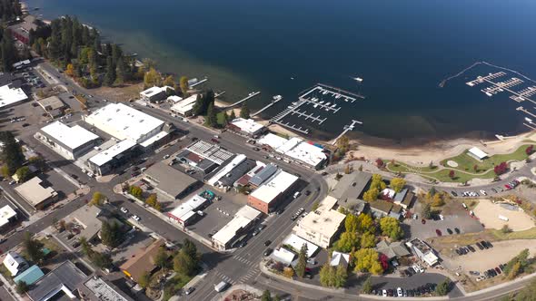 Aerial over the downtown area of McCall, Idaho. Payette Lake in the backdrop.