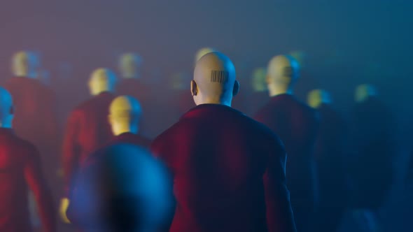 A bald man with a barcode tattoo on the back of his head walking in the crowd.