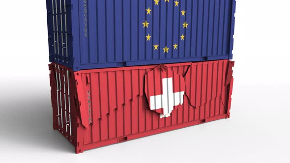 Container with Flag of the EU Breaks Container with Flag of Switzerland