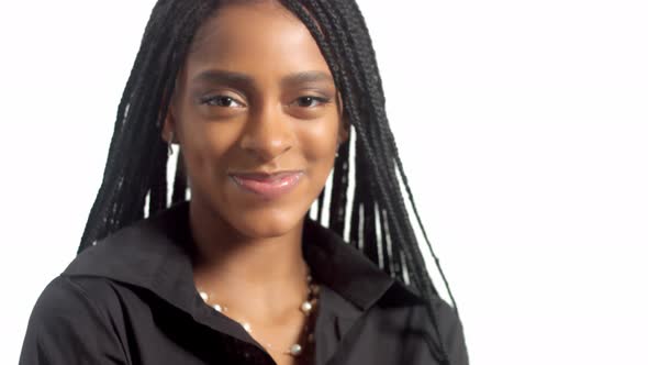 Mixed Race Woman with Hair Braids in Studio on White Closeup Portrait