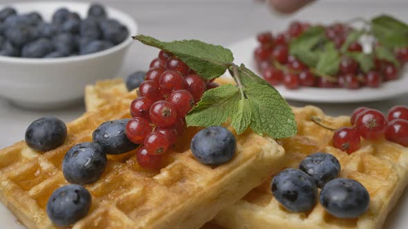 The chef puts a mint leaf on a plate of maple syrup-poured waffles garnished with berries