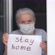 An Old Gray-haired Woman in a Medical Mask Stands at Home Near the Window and Holds a Poster with - VideoHive Item for Sale