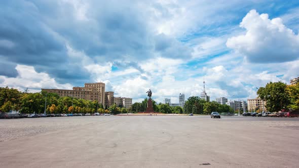 Pedestrians Walk on Freedom Square at Sunny Day Timelapse Hyperlapse in Kharkiv, Ukraine.