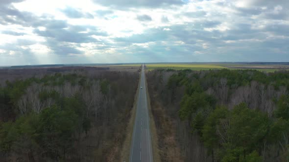 Sky View of Autumn Road with Cars. Aerial View Country Road in Autumn Forest. Autumn Forest and