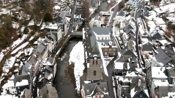 Aerial view of Monshau in wintertime, Germany.