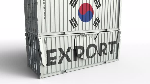 Container with EXPORT Text Being Crashed with Container with Flag of Korea