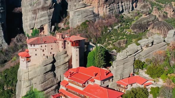 Aerial View of Monastery Rousanou and Varlaam Breathtaking Picturesque Valley and Landmark Canyon of