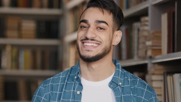 Closeup Male Portrait Young Handsome Happy Man Standing in Library Looking at Camera Smiling Healthy