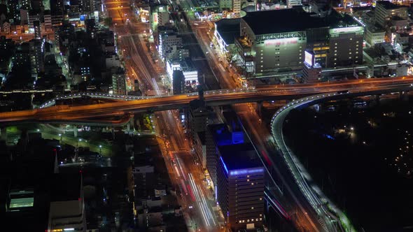 Osaka Night Downtown with Highway Lights Timelapse