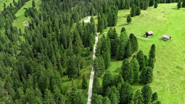 Aerial view of Passo delle Erbe and road in Dolomites