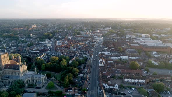 Sunrise Aerial View of the City of St Albans and its Cathedral in England